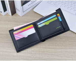 Black PU leather men short folding wallet interior view showing multiple card slots and cash pocket detail