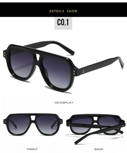 Detailed views of black aviator sunglasses showing 45-degree angle, front and back layout