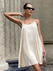 Satin Slip Mini Dress Sexy T-Back Sleeveless Solid Color Elegant Summer Casual Party Nightwear Loose Fit For Women