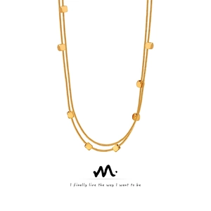 Double Layered Snake Chain Necklace Gold Plated Stainless Steel Geometric Cube Beads Minimalist Fashion Jewelry Women