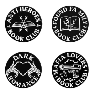 Set of 4 black and white enamel pins with literary themes and minimalist book club motifs