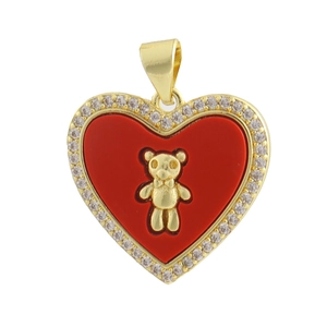 Golden heart pendant with red enamel, teddy bear motif and pavé cubic zirconia border