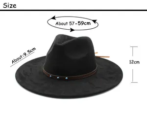 Size chart for suede wide brim Tibetan hat showing 57-59cm circumference and 9.5cm brim