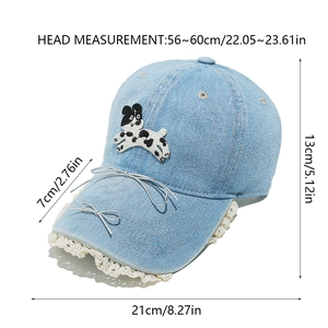Tableau des tailles détaillé casquette denim avec nœud et dentelle, tour de tête 56-60cm