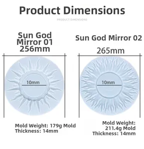 Size chart showing Sun God silicone mold dimensions 256mm and 265mm for resin art