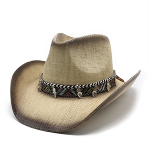 Vintage Cowboy Straw Hat Paper Braided Sun Protection Ethnic Band Metal Charms Wide Brim Outdoor Beach Travel Fedora
