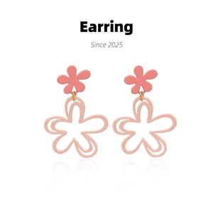 Pink double floral resin earrings with hollow petals and gold ring link fashion jewelry