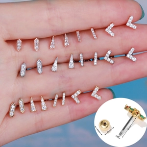 Geometric Cartilage Stud Earrings Brass Zirconia Inlay With Stainless Steel Earring Post Ball Screw Back Piercing Jewelry