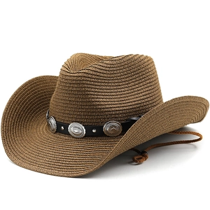 Western Cowboy Straw Hat Woven Wide Brim With Conchos And Adjustable Wind Rope Sun Protection Summer Beach For Men Women