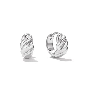 Detailed view of silver twisted croissant hoop earrings with a polished mirror finish