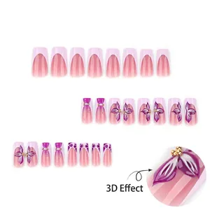 French tip press-on nails with purple gradient 3D butterfly and pearl accents