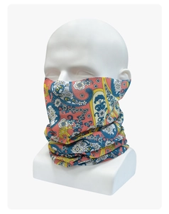 Close-up of paisley print stretch neck gaiter with vibrant pink and blue patterns