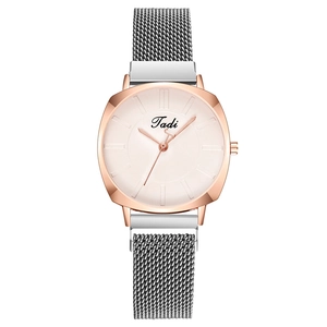Elegant rose gold women's watch with pink dial and silver-grey Milanese mesh band