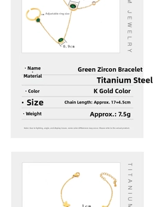 Detail showing titanium gold slave bracelet with green zircon ring and size parameters