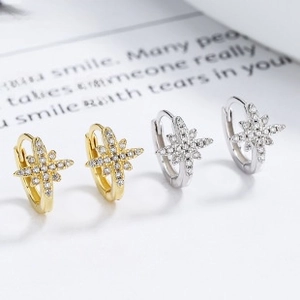 Macro shot of 925 silver star earrings with zircons in gold and silver finishes