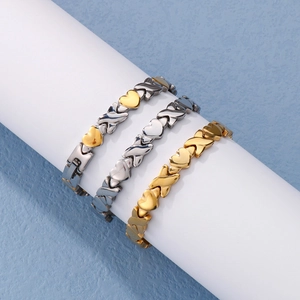 Three-piece titanium steel heart and X link bracelet set in gold, silver, and bicolor