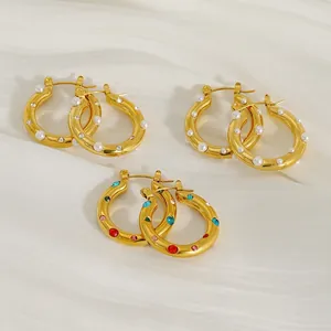 Hoop Earrings 18K Gold Plated Stainless Steel Artificial Pearl Rhinestone Inlaid Round Geometric Individualized Ins Style For Women