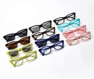 Matrix layout of multi-color cat eye sunglasses and frames on a clean white background