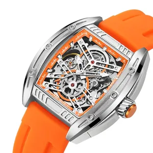 Sporty skeleton mechanical watch with silver tonneau case and vibrant orange silicone strap