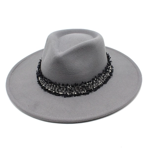 Chapeau Fedora classique en laine grise à bord large avec ruban décoratif pour hommes et femmes