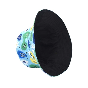 Double-sided bucket hat with blue smiley face prints and a black interior lining