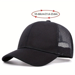 Black mesh trucker baseball cap with adjustable 55-60cm size and breathable design