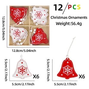 Detail of 12pcs wooden bell pendants with snowflake patterns in a wooden storage box