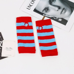 Close-up of red and blue striped knitted fingerless arm warmers with thumb holes