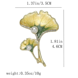 Detailed size view of enamel ginkgo leaf brooch with pearls and rhinestones