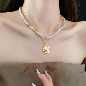 Retro Beaded Necklaces Copper Coin Medallion Pendant Star Moon Embossed Ethnic Boho Style For Women Jewelry
