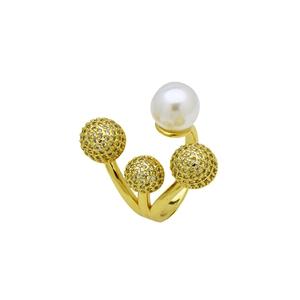 Macro detail of gold-plated open ring with white pearl and shimmering zircon clusters