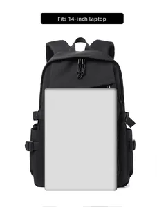 Detail of multi-functional black backpack showing 14-inch laptop storage capacity