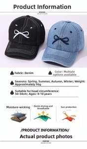 Detailed chart for kids denim baseball cap showing size specs and bow embroidery