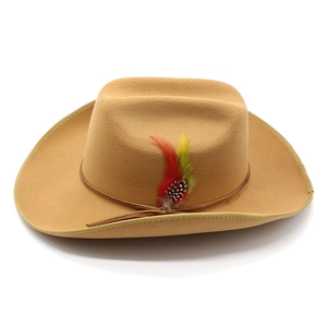 Felt wide-brim cowboy hat in camel wool with decorative leather band and colorful feathers