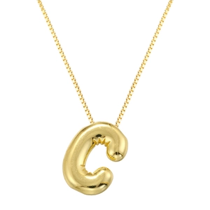 Macro detail of puffy 3D balloon letter C pendant with golden polished box chain