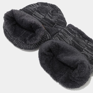Winter thermal knit beanie and neck warmer set with thick faux fur lining in dark grey