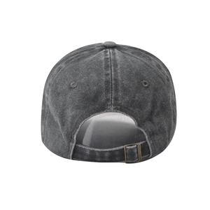 Detail of washed charcoal cotton baseball cap with adjustable metal buckle on back