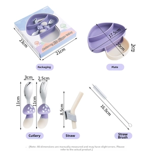 Detail view of mushroom-themed silicone suction plate with stainless steel fork and spoon set