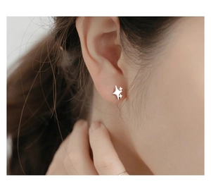 Close-up of minimalist S999 silver star stud earring worn on the earlobe