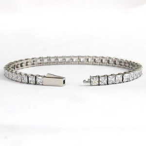 Silver stainless steel tennis bracelet with square cubic zirconia in flat lay view