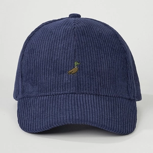 Detailed embroidery of a mallard duck on textured navy blue corduroy baseball cap