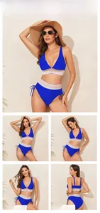 Détails du bikini bleu avec rayures arc-en-ciel et liens réglables sur le bas taille haute