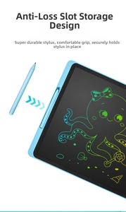 Detailed view of the anti-lost stylus storage slot on a blue 12-inch LCD drawing tablet