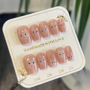 Press On Nails Pink Gradient Cat Eye Cute Cat Pattern Short Square Reusable Glossy Artificial False Nails For Women
