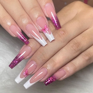 Press On Nails Long Coffin Butterfly Pattern French Tip Gradient Glitter Sweet Fashion DIY Manicure For Women