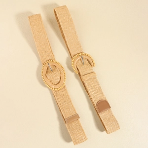 Beige woven straw wide waist belts with round and oval buckles for women's dresses