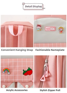 Detail view of pink plaid backpack featuring durable zippers and cute acrylic charms