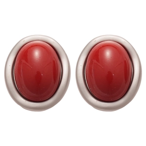 Retro oval red stone stud earrings with a silver metallic base on a white background