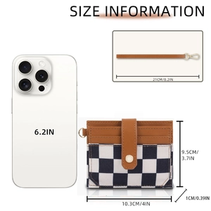 Detailed size display of checkerboard RFID card holder with dimensions and phone reference