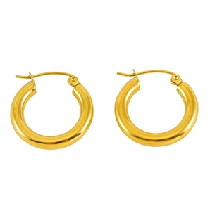 Close-up of polished 18K gold plated stainless steel chunky hoop earrings on white background
